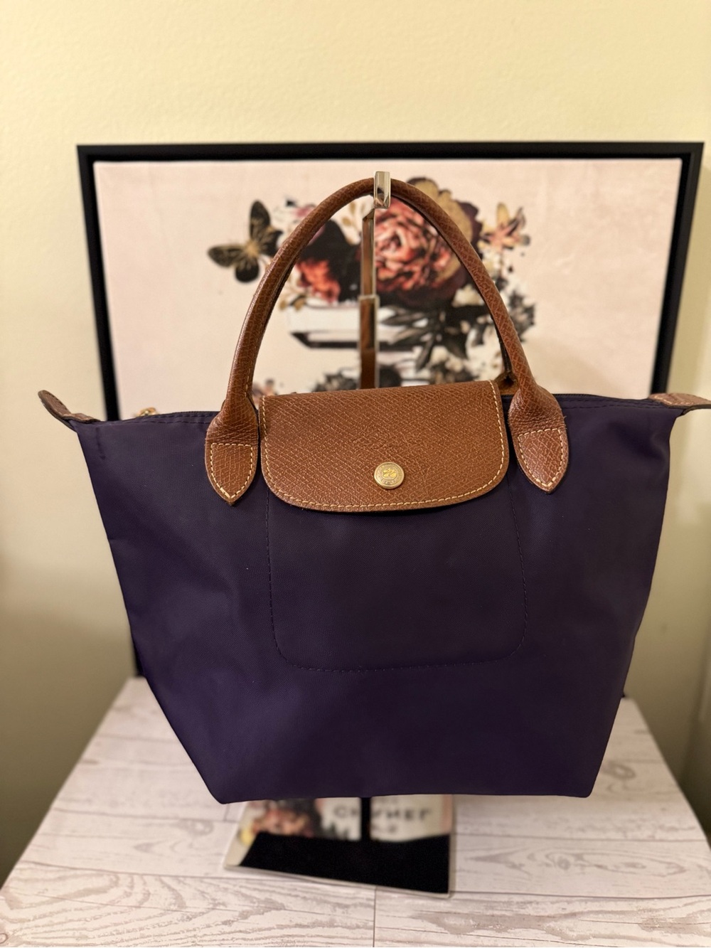 Longchamp Style Le Pliage Small Top Handle Tote – Deep Purple & Cognac Leather